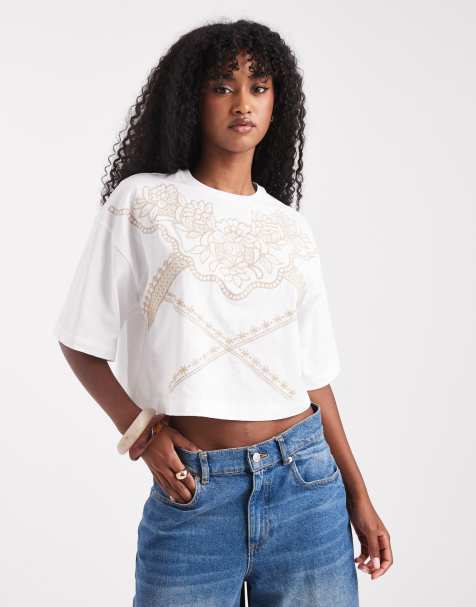 Miss Selfridge western embroidered cropped tee in white - view 1