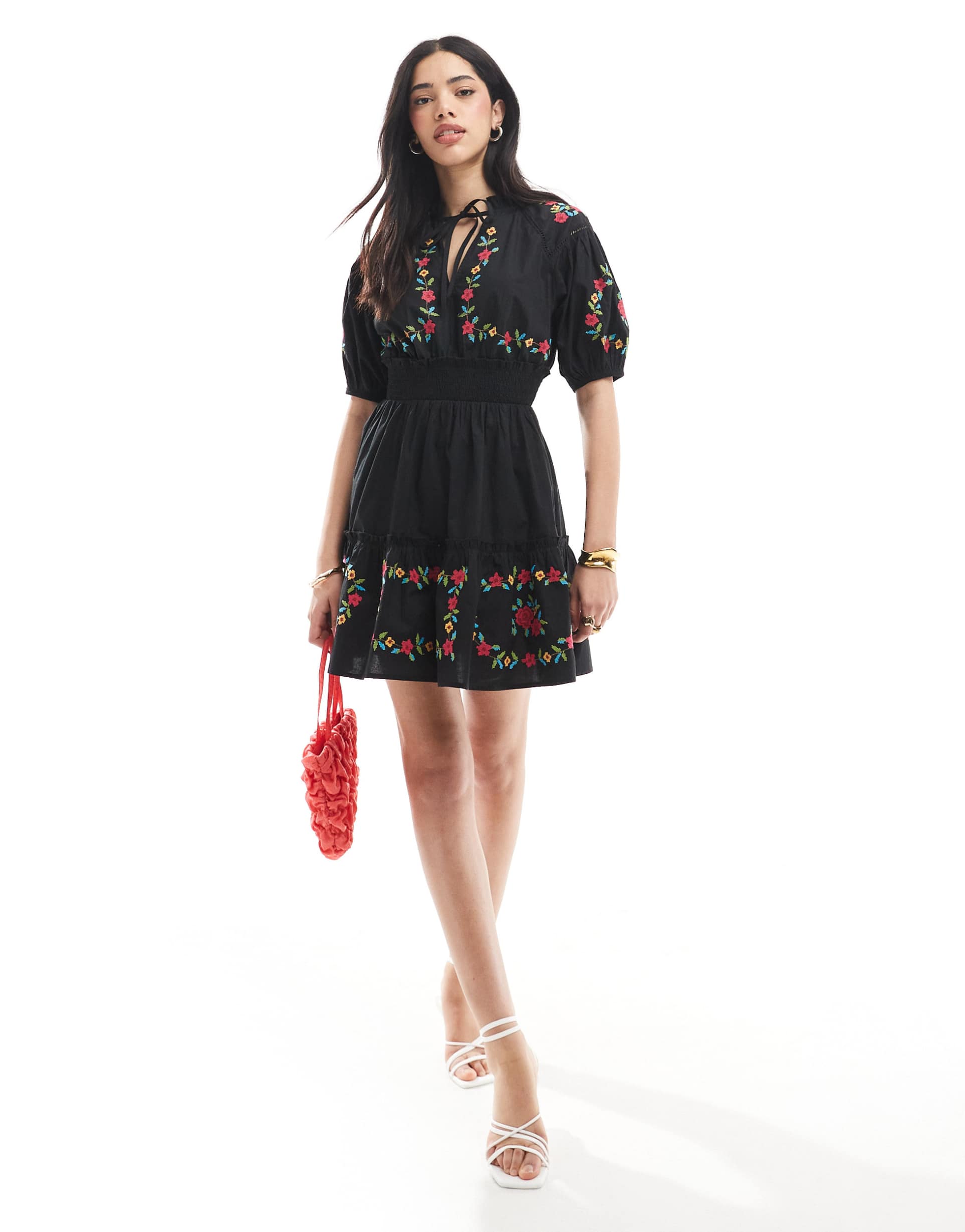 miss selfridge western embroidered detail waisted mini dress in black