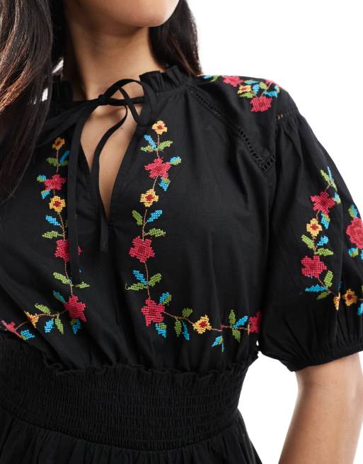 Miss Selfridge western embroidered detail waisted mini dress in black-Multi