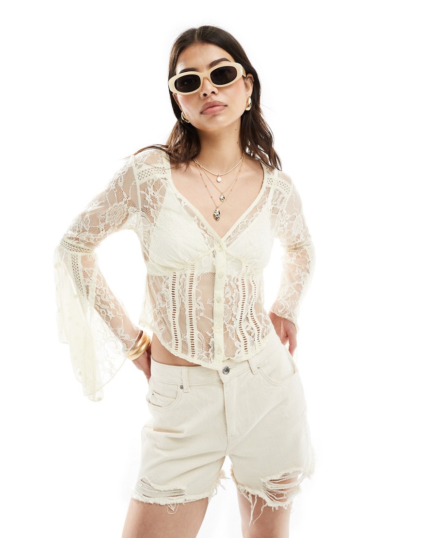 Miss Selfridge western lace flared sleeve button through blouse in cream-White