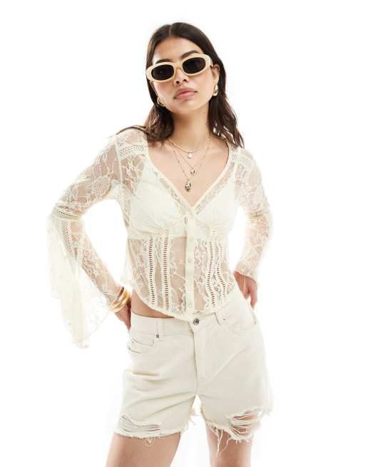 Miss Selfridge western lace flared sleeve button up blouse in cream
