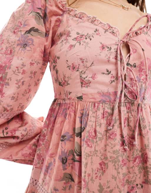 Miss Selfridge - Western mini jurk van katoen met kant, stroken, en patchwork bloemenprint, 3 van 4