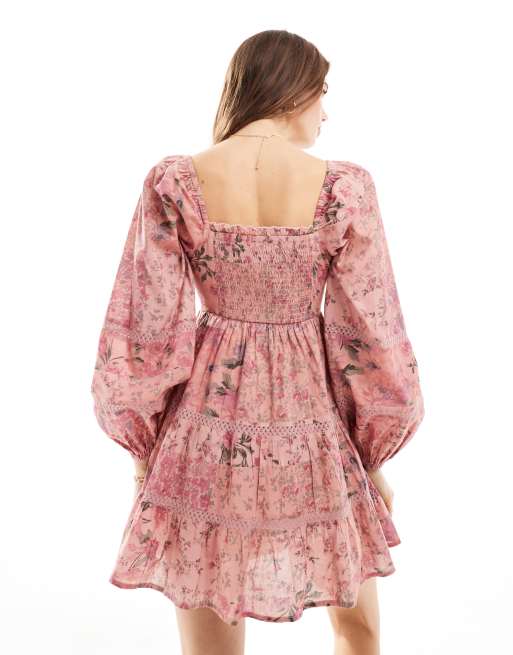 Miss Selfridge - Western mini jurk van katoen met kant, stroken, en patchwork bloemenprint, 4 van 4
