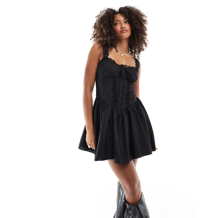 Miss Selfridge western poplin lace trim corset mini dress in black