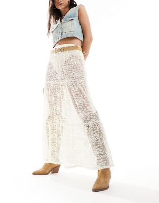 Miss Selfridge Western Sheer Tiered Lace Maxi Skirt-white