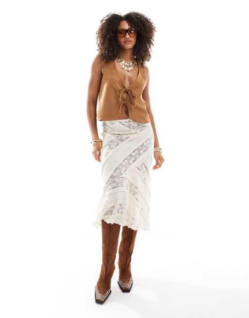 Miss Selfridge western suede look tie front vest in tan, 2 of 4
