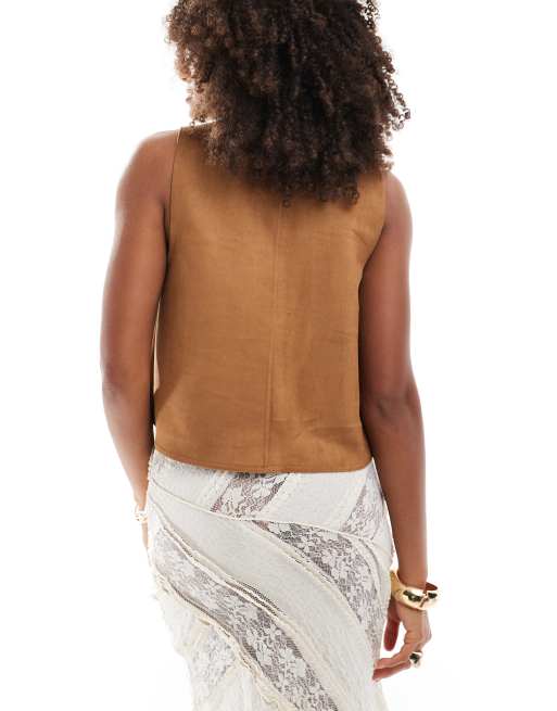 Miss Selfridge western suede look tie front vest in tan, 4 of 4