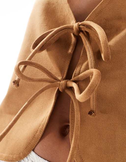 Miss Selfridge western suede look tie front waistcoat in tan, 3 of 4