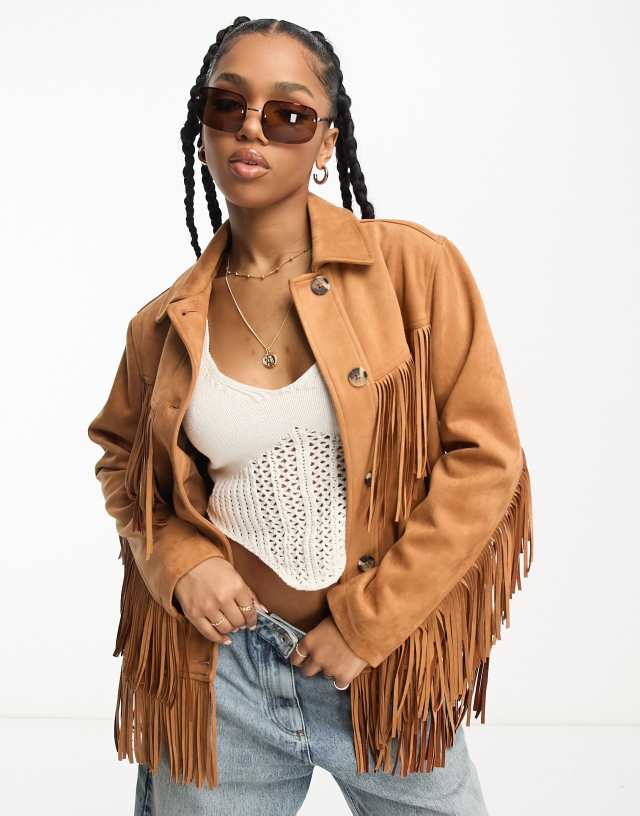 Miss Selfridge western suedette fringe longline jacket in tan