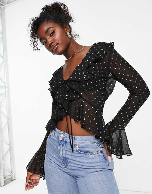 Miss Selfridge – Wiązana z przodu czarna szyfonowa bluzka w metaliczne kropki