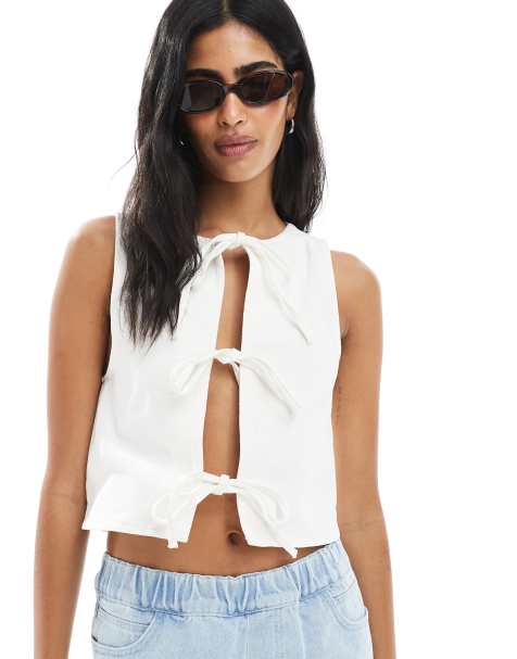 Miss Selfridge tie front denim waistcoat in ecru
