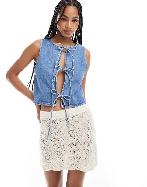 Miss Selfridge tie front denim waistcoat in mid wash