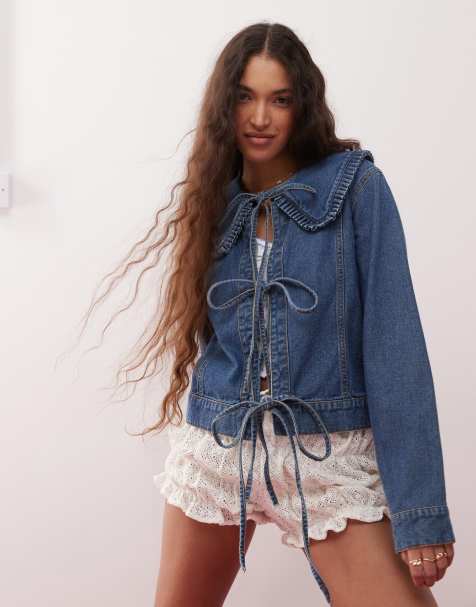 Miss Selfridge tie front frill denim collar jacket in mid blue wash
