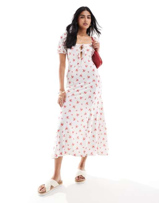 Miss Selfridge – Wiązana z przodu sukienka maxi z bufkami w drobny kwiatowy wzór