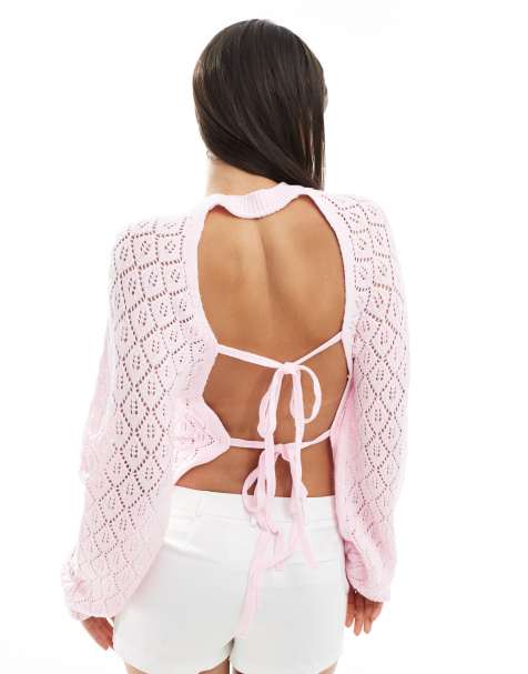 Miss Selfridge knitted crochet tie back jumper in pink
