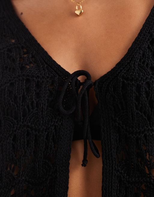Miss Selfridge – Wiązany z przodu czarny kardigan w stylu boho, 4 z 4