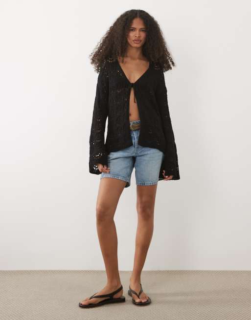 Miss Selfridge – Wiązany z przodu czarny kardigan w stylu boho, 2 z 4