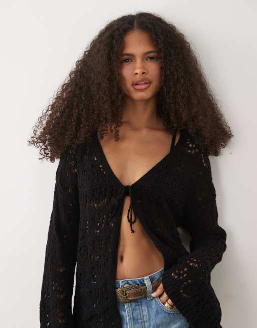 Miss Selfridge – Wiązany z przodu czarny kardigan w stylu boho, 3 z 4