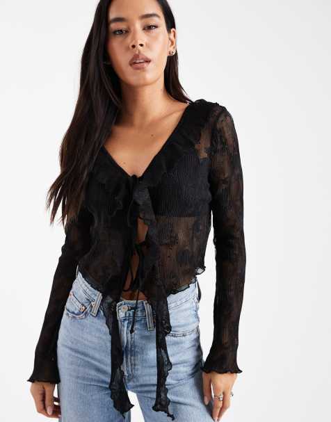 Miss Selfridge – Wiązany z przodu czarny koronkowy top - view 1