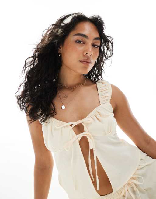 Miss Selfridge – Wiązany z przodu jasnożółty top na ramiączkach, część zestawu
