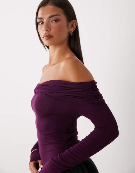 Miss Selfridge Wickel-Body mit Bardot-Ausschnitt in Feige - view 1