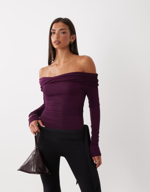 Miss Selfridge Wickel-Body mit Bardot-Ausschnitt in Feige, 2 von 4