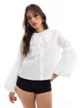 [Miss Selfridge] Miss Selfridge wide collar lace trim poplin oversized shirt-White S WHITE