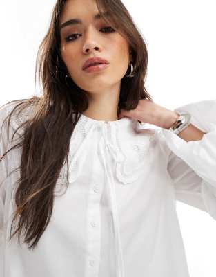 Miss Selfridge Wide Collar Lace Trim Poplin Oversized Shirt-white In White