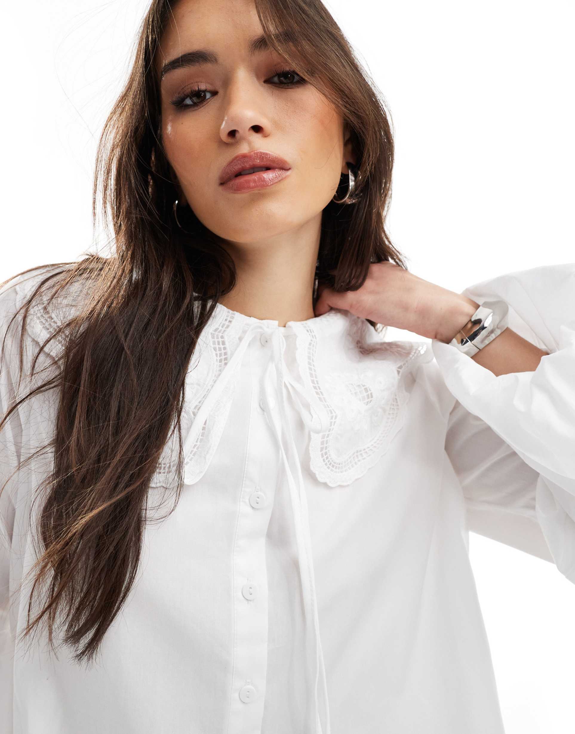 miss selfridge wide collar lace trim poplin oversized shirt
