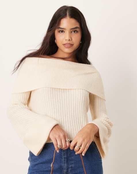 Miss Selfridge wide cuff bardot knitted jumper in cream
