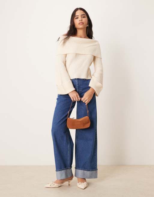 Miss Selfridge wide cuff bardot knitted jumper in cream, 3 of 4