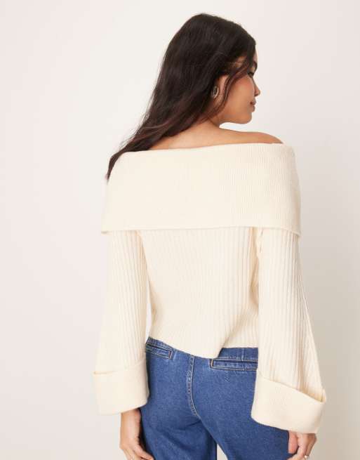 Miss Selfridge wide cuff bardot knitted jumper in cream, 4 of 4