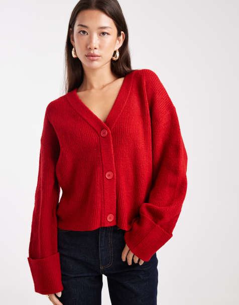 Miss Selfridge wide cuff V neck cardigan in tomato red - view 1