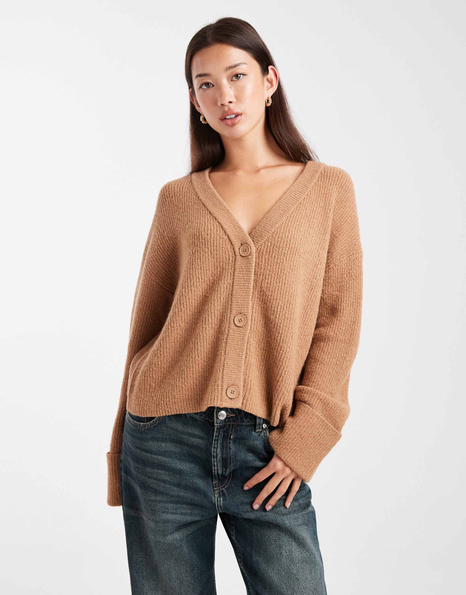 miss selfridge wide cuffs v neck cardigan in mocha
