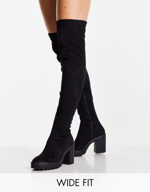 Miss Selfridge Wide Fit Rio black micro knee high boot