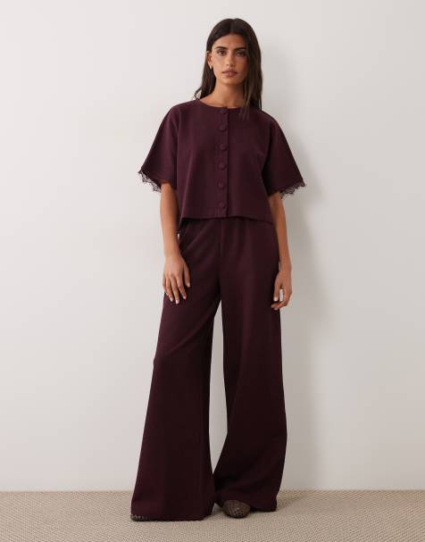Miss Selfridge wide leg bukser i plum som del af sæt - view 1