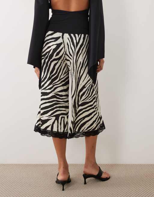 Miss Selfridge wide leg culotte with lace trim in zebra print, 2 of 5
