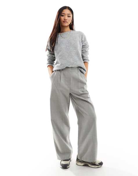 Stradivarius - Petite tailored pull on pants in gray pinstripe