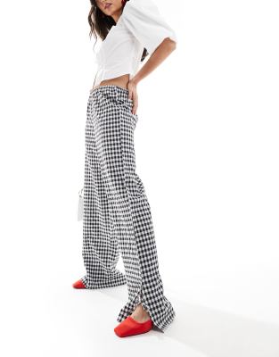 Miss Selfridge Wide Leg Gingham Pants With Tie Side Detail-multi