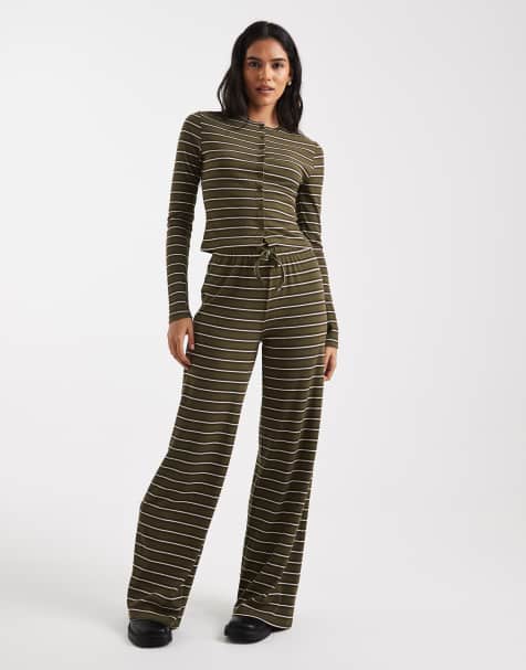 Miss Selfridge wide leg pants in olive stripes - part of a set - view 1