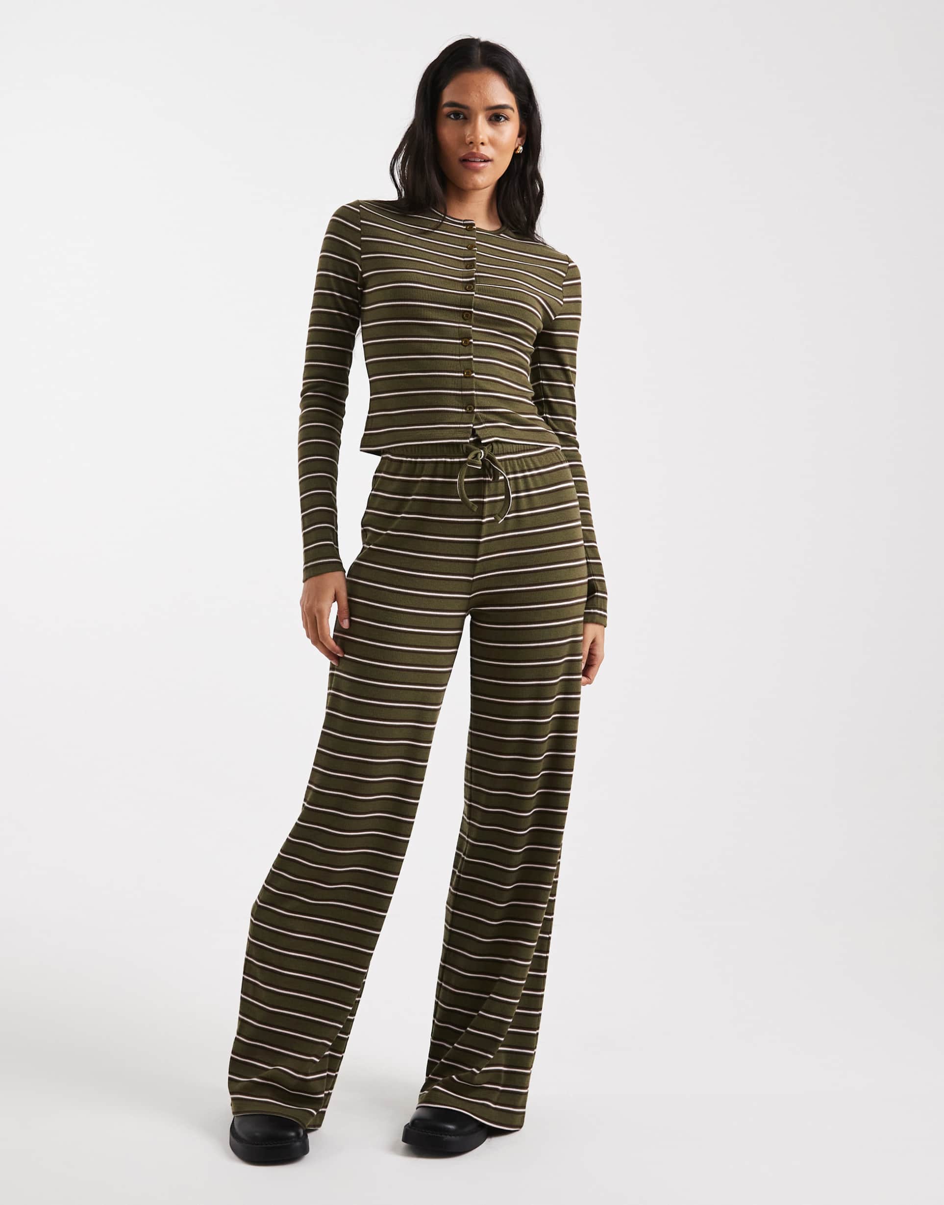 miss selfridge wide leg pants in olive stripes - part of a set