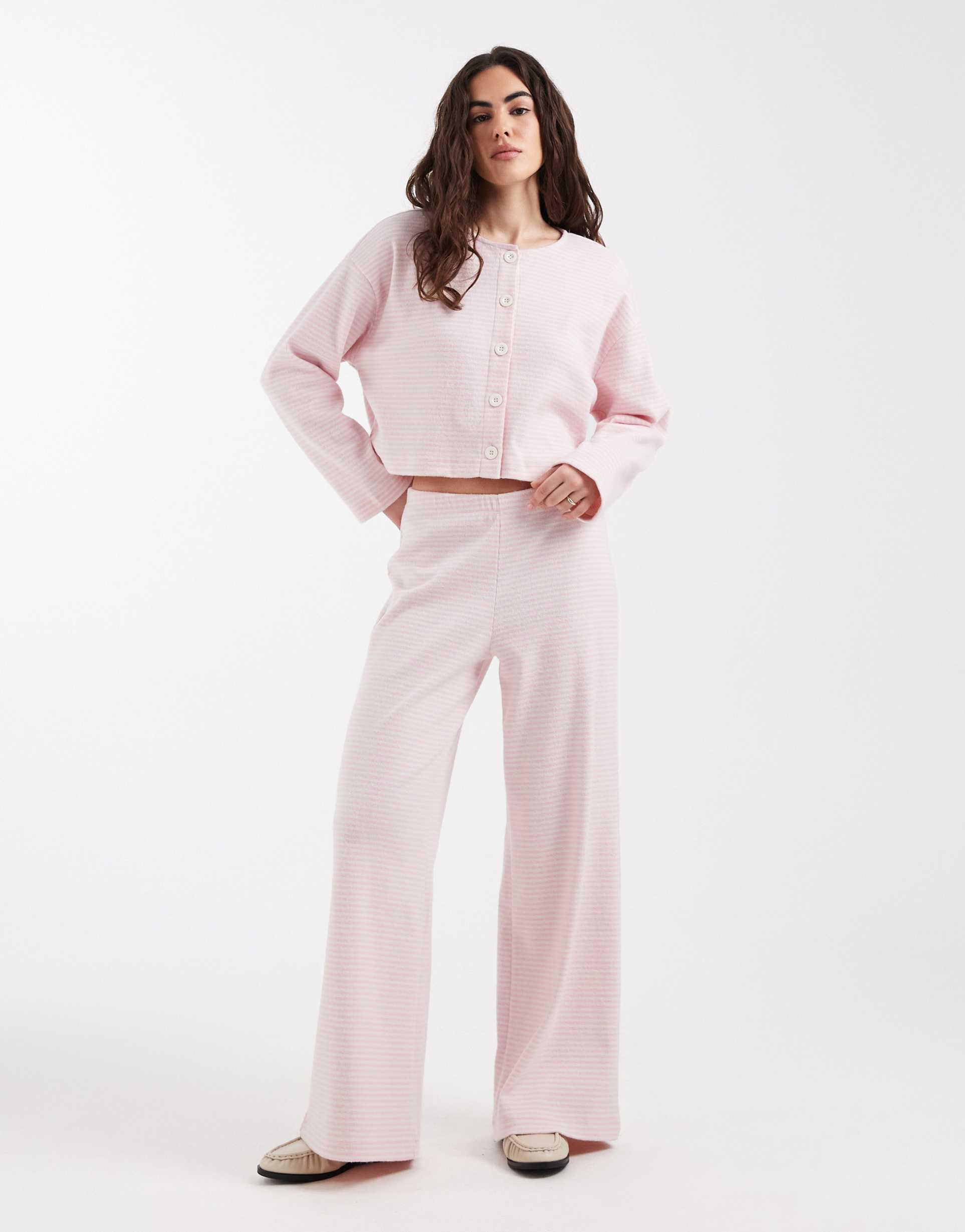miss selfridge wide leg pants in pink stripes - part of a set