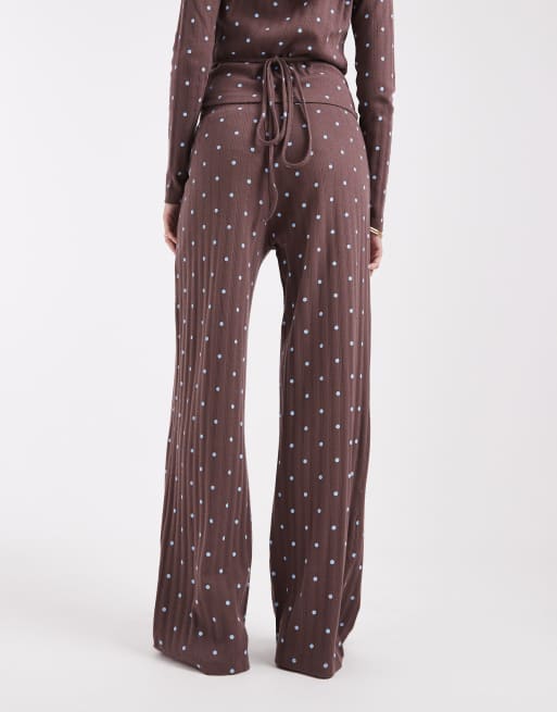 Miss Selfridge wide leg pointelle lounge trouser co-ord in chocolate polka dot, 5 of 5