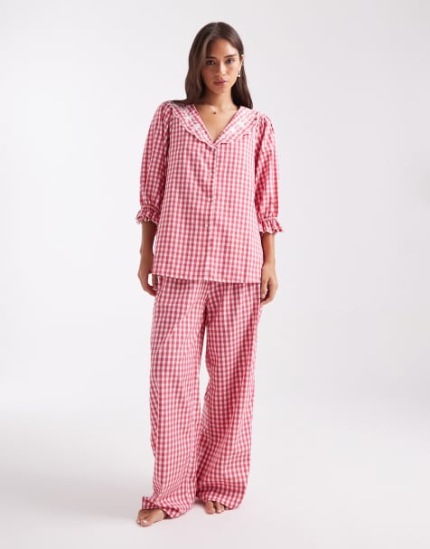 Miss Selfridge wide leg pyjama set in red gingham - view 1