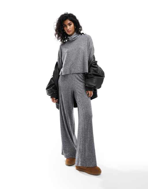 Miss Selfridge wide leg rib lounge pants in grey (part of a set)
