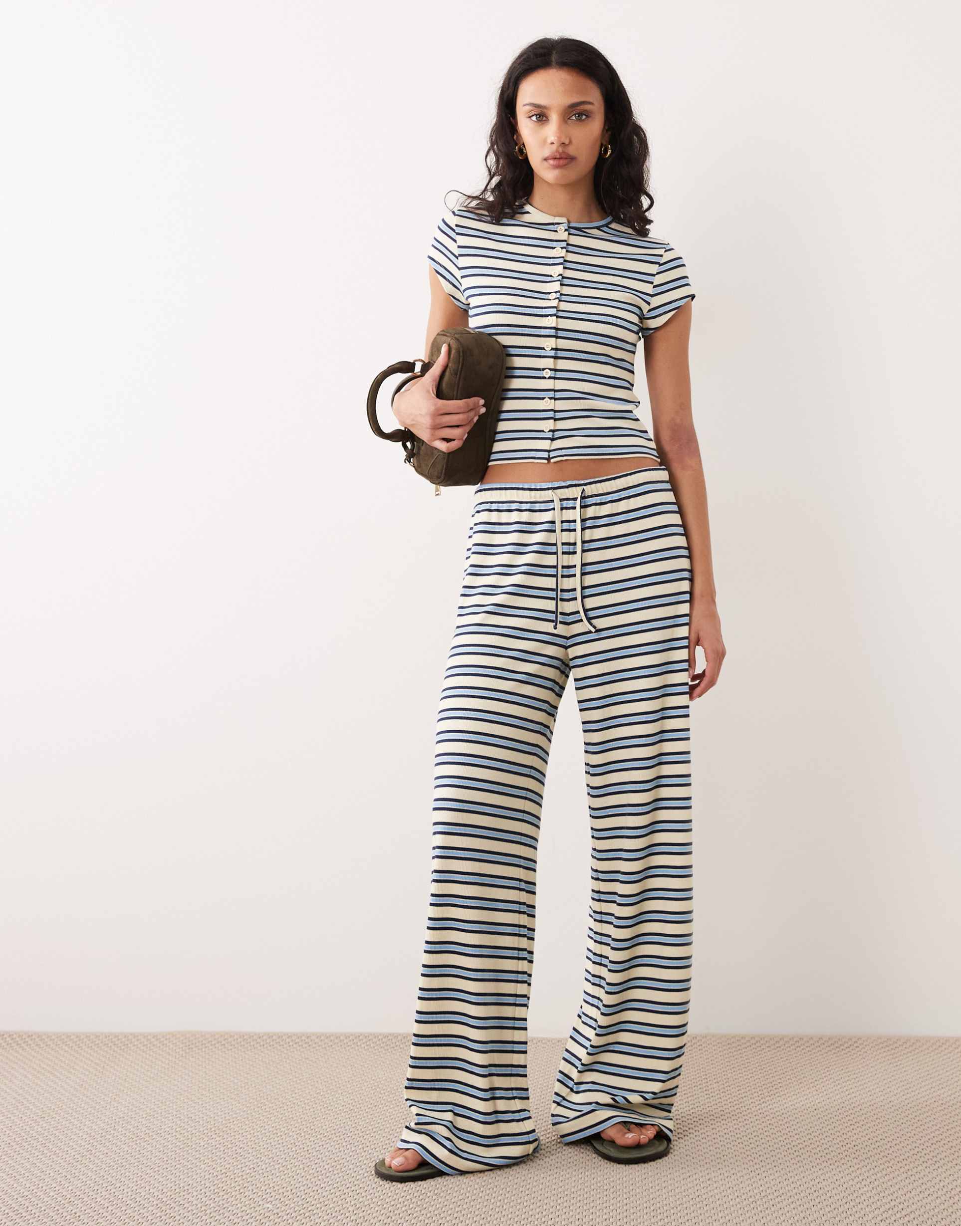 miss selfridge wide leg ribbed pants in buttermilk stripe