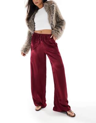 wide leg satin pants in burgundy-Red