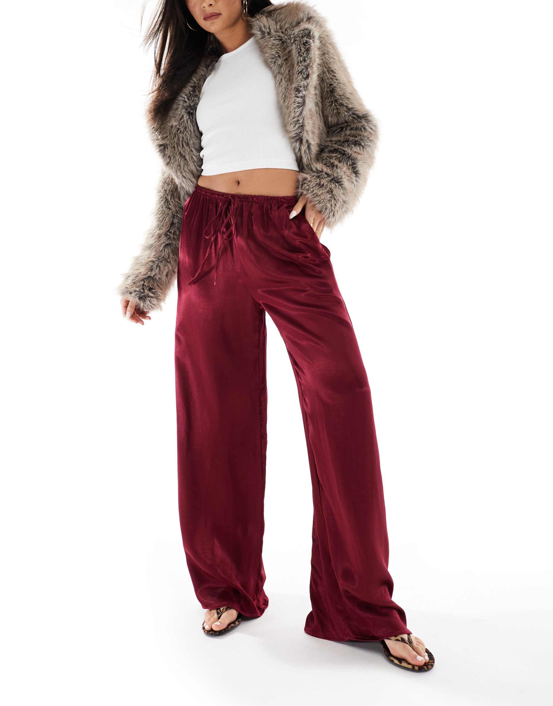 miss selfridge wide leg satin pants in burgundy