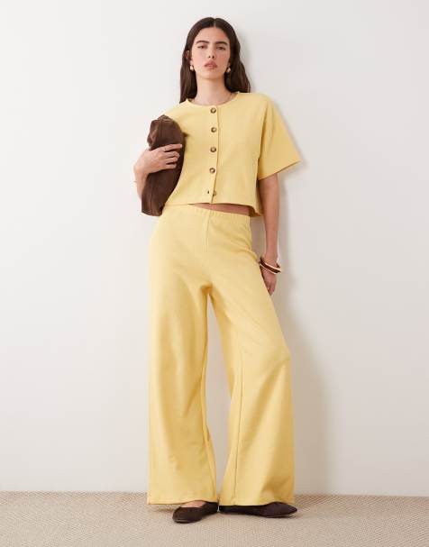 Miss Selfridge wide leg soft rib pants in buttermilk (part of a set) - view 1