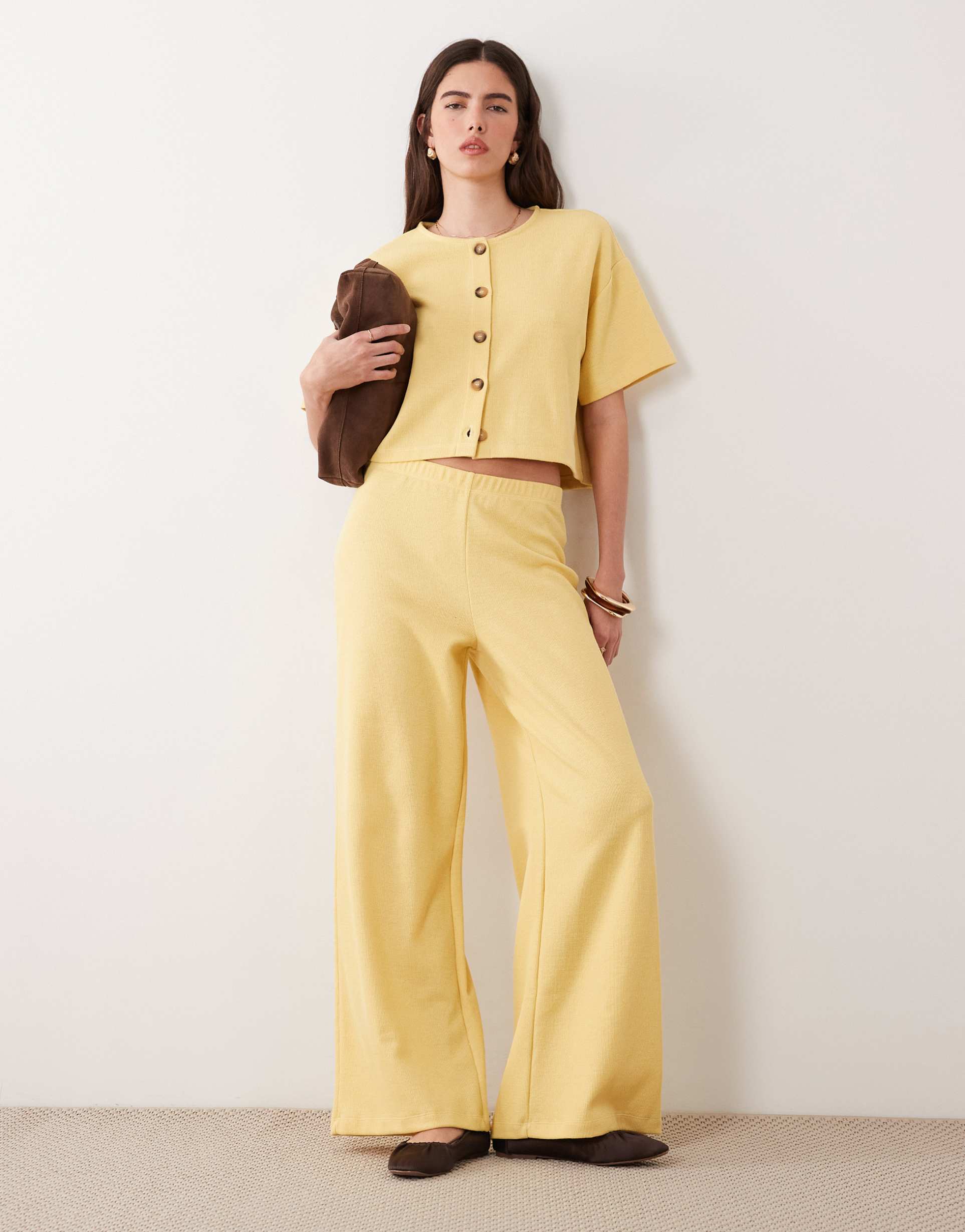 miss selfridge wide leg soft rib pants in buttermilk - part of a set